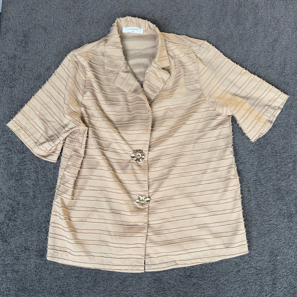 Commense Beige Frayed Stripe Short Sleeve Blouse Floral Gold Buttons Size‎ M